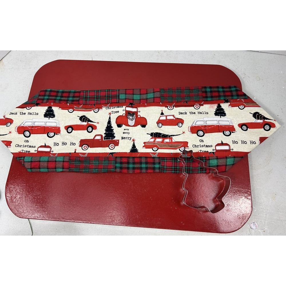 Small Table Runner & Tree Cookie Cutter Christmas Plaid Truck Santa Van Wagon